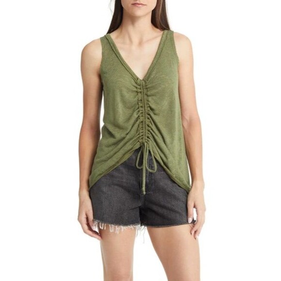 TREASURE & BOND Nordstrom Cinched Front Knit Tank S Olive Moss V-Neck NEW B10 - Picture 1 of 6